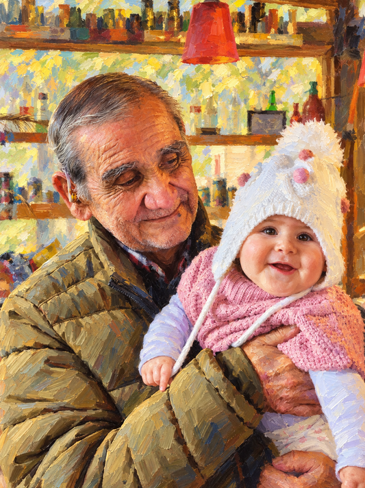 Trazo Vida — Óleo luminoso — hombre con bebé — retrato