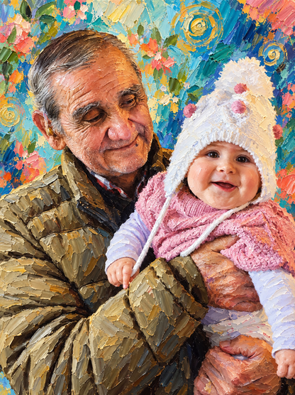 Trazo Vida — Impasto expresivo — hombre con bebé — retrato