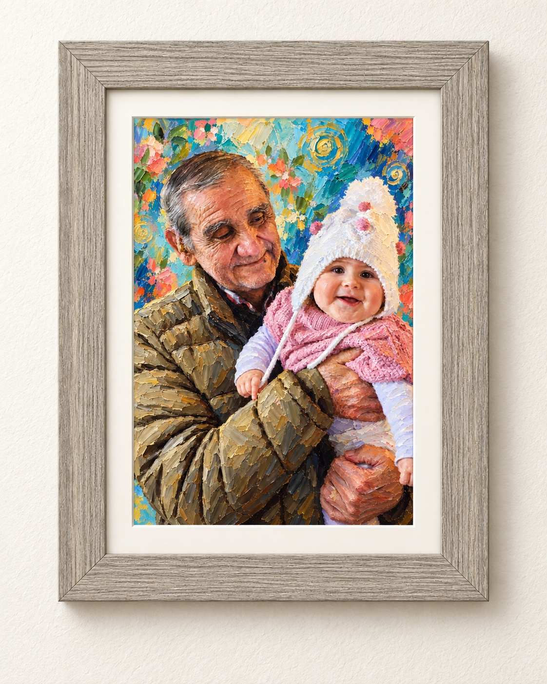 Trazo Vida — Impasto expresivo — hombre con bebé — marco gris con paspartú blanco