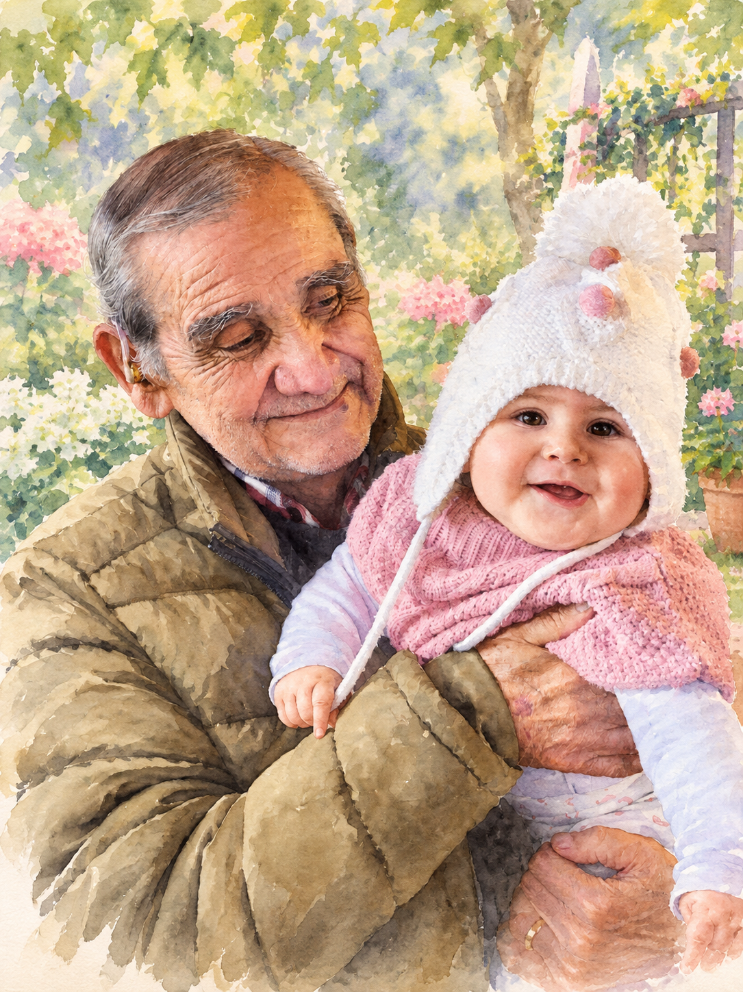 Trazo Vida — Acuarela realista — hombre con bebé — retrato