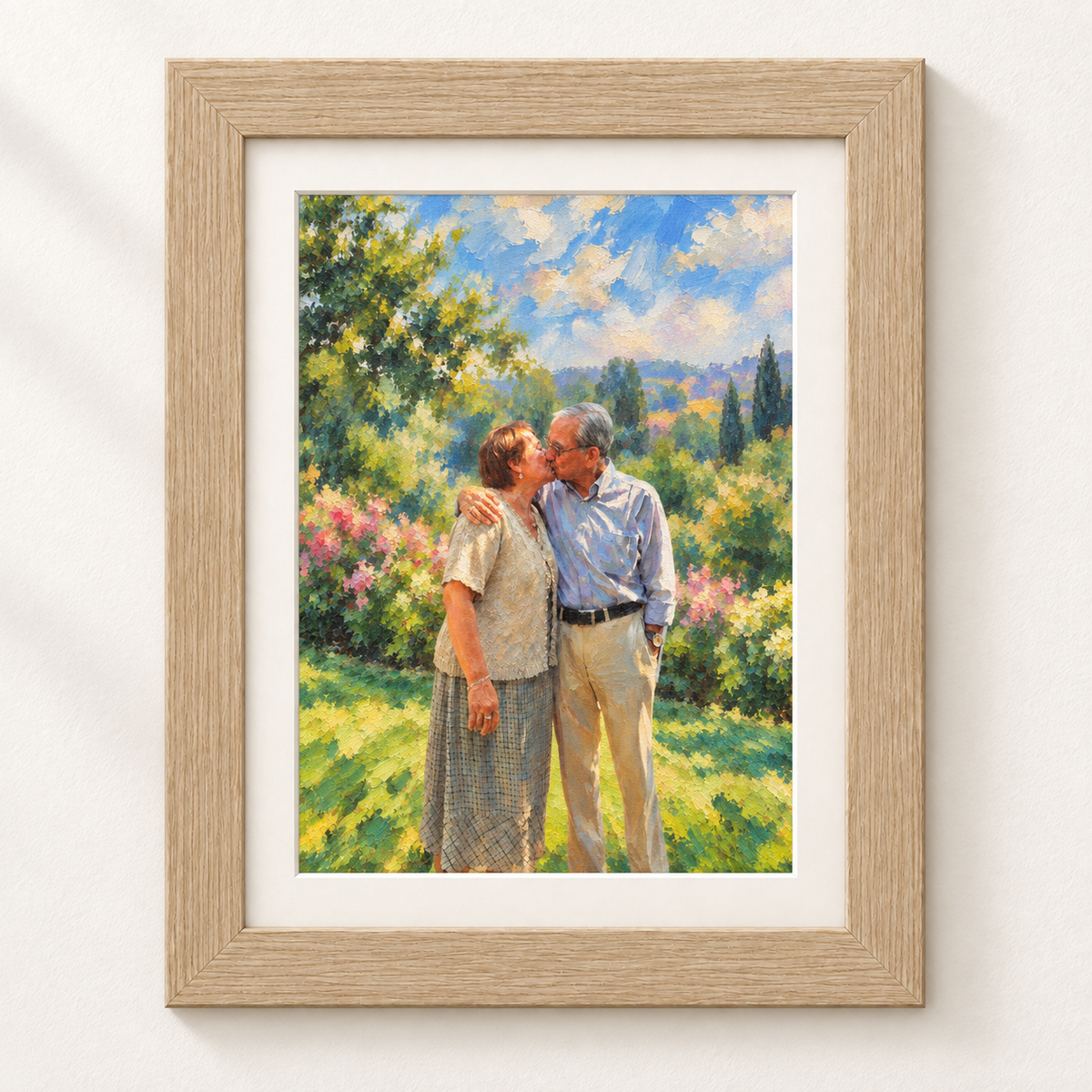 Trazo Vida — Óleo con entorno — pareja — marco natural con paspartú blanco